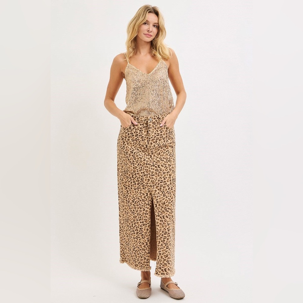 Leopard Print Denim Maxi Skirt with Front Slit - Risen